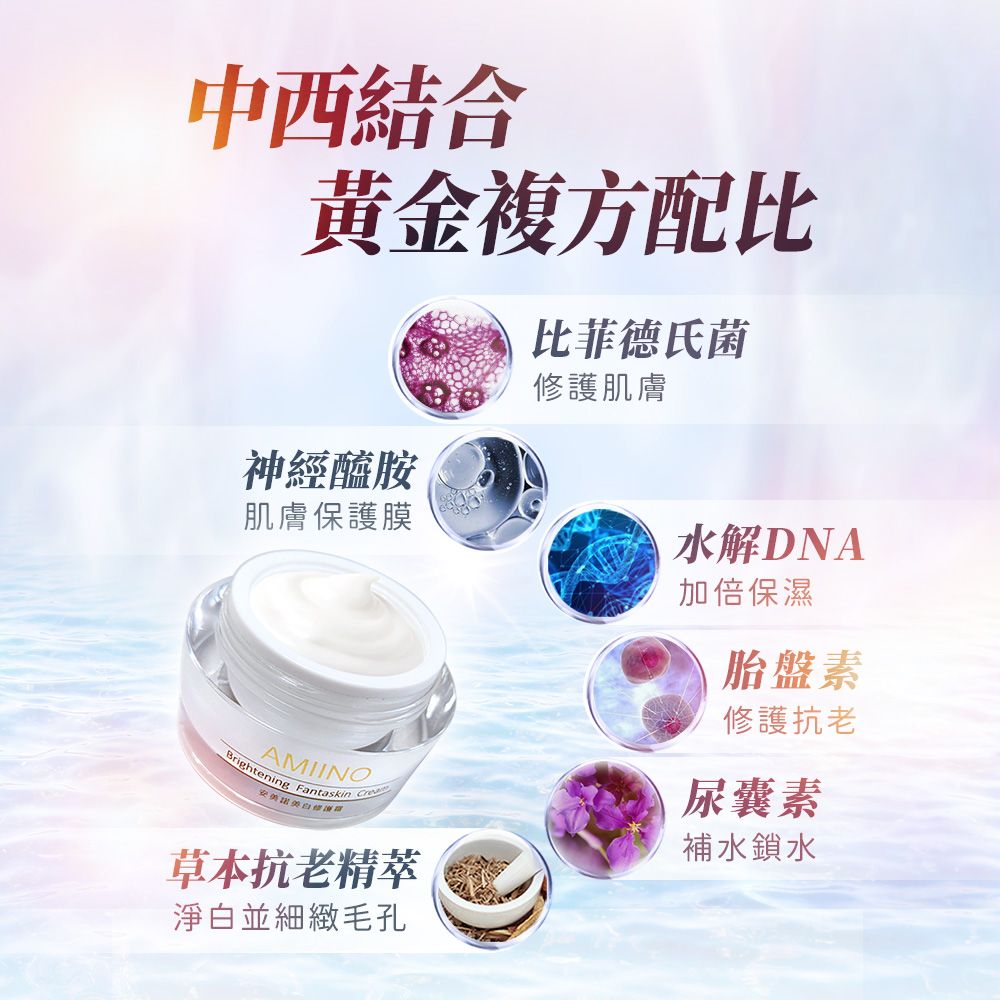 中西結合黃金複方配比比菲德氏菌修護肌膚神經醯胺肌膚保護膜水解DNA加倍保濕Brightening Fantaskin AMIINO草本抗老精萃淨白並細緻毛孔胎盤素修護抗老尿囊素補水鎖水