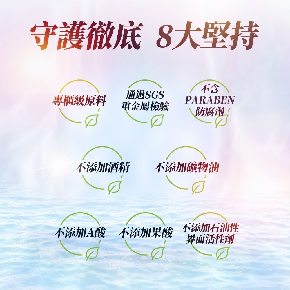 守護徹底8大堅持專櫃級原料通過SGS重金屬檢驗不含PARABEN防腐劑不添加酒精 不添加礦物油不添加A酸 不添加果酸不添加石油性界面活性劑