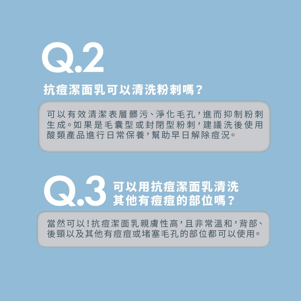 Q.2抗痘潔面乳可以清洗粉刺嗎?可以有效清潔表層髒污、淨化毛孔,進而抑制粉刺生成。如果是毛囊型或封閉型粉刺,建議洗後使用酸類產品進行日常保養,幫助早日解除痘況。Q.3可以用抗痘潔面乳清洗其他有痘痘的部位嗎?當然可以!抗痘潔面乳親膚性高,且非常溫和,背部、後頸以及其他有痘痘或堵塞毛孔的部位都可以使用。