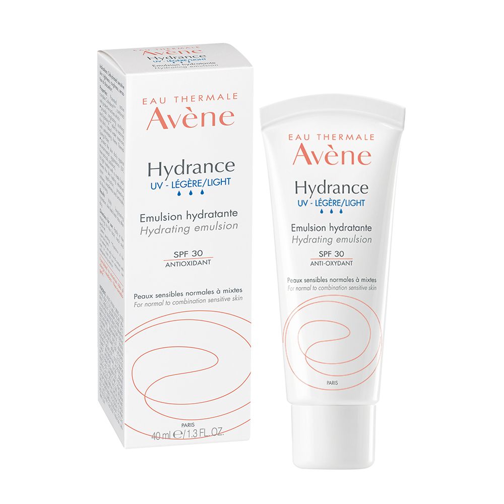 EAU THERMALEAvèneHydranceUVLIGHTEmulsion hydratanteHydrating emulsionSPF 30ANTIOXIDANTPeaux sensibles normales  mixtesFor normal to combination sensitive skinEAU THERMALEAvèneHydranceUV  /LIGHTEmulsion hydratanteHydrating emulsionSPF 30ANTIOXYDANTPeaux sensibles normales à mixtesFor normal to combination sensitive skinPARIS40 ml e/1.3 PARIS