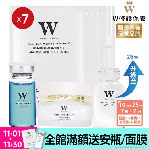 W 修護保養 【W修護保養】黃金密集七天修護3件組(藍銅10ml玻尿酸25ml膠囊7顆)+蝸牛修護面膜28ml 7片