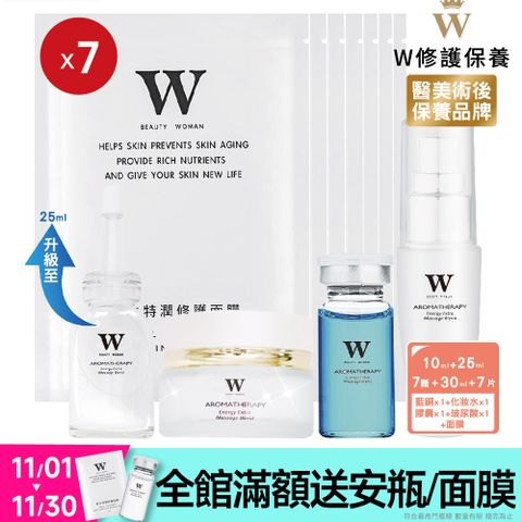 W 修護保養 【W修護保養】黃金密集七天修護4件組(藍銅10ml高效化妝水30ml玻尿酸25ml膠囊7顆)+蝸牛面膜28ml7片