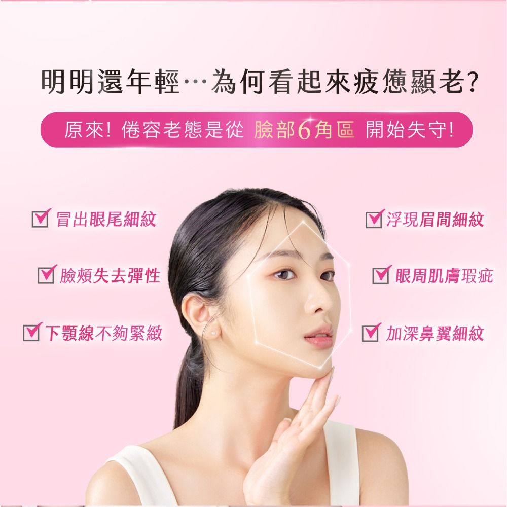 明明還年輕為何看起來疲憊顯老?原來!倦容老態是從 臉部6角區 開始失守! 冒出眼尾細紋浮現眉間細紋 臉頰失去彈性 眼周肌膚瑕疵下顎線不夠緊緻 加深鼻翼細紋