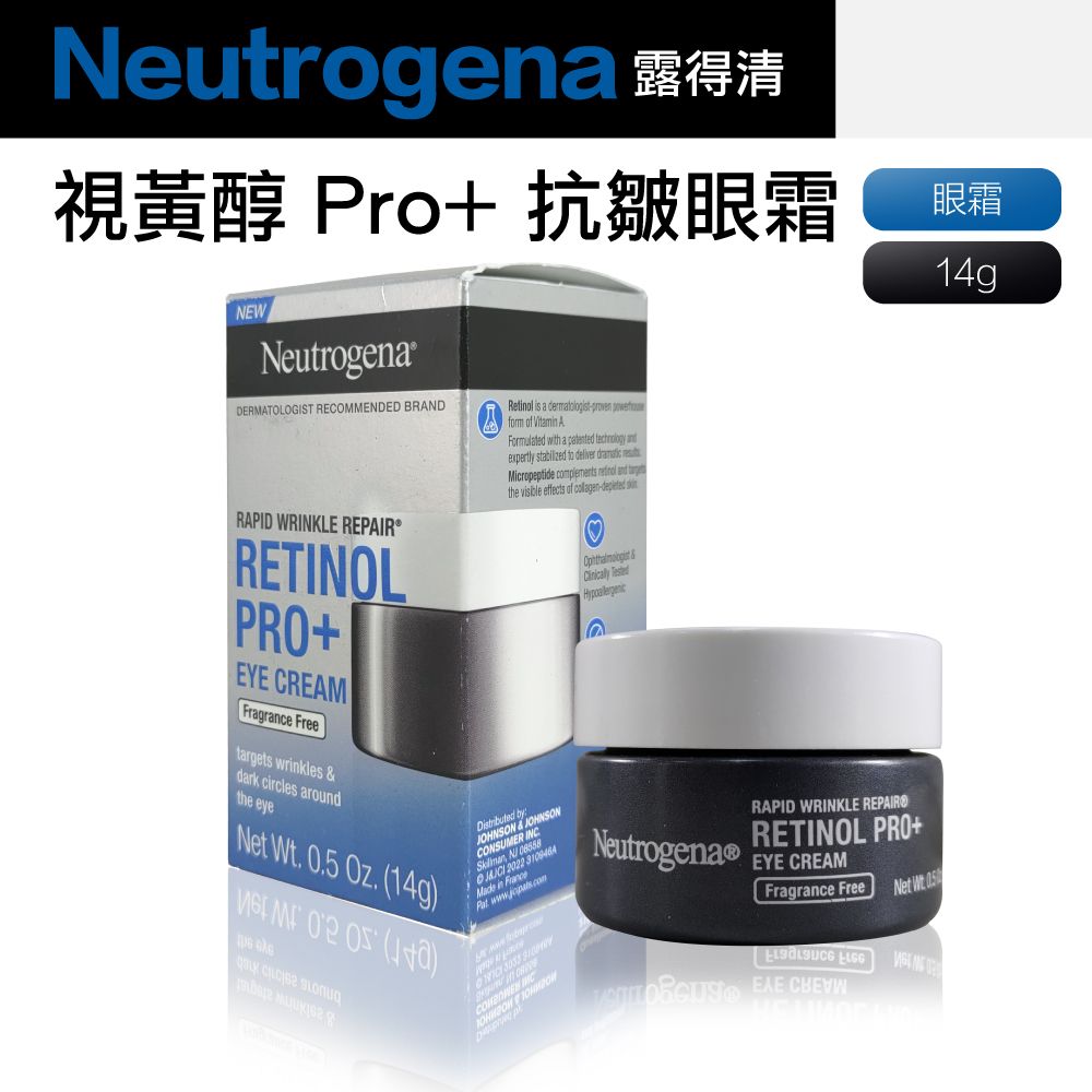 Neurogen 視黃醇 Pro 抗皺眼霜NEWNeutrogenaERMATOIST REOMMENDED BRANDRAPID WRINKLE REPAIR®RETINOLPROEYE CREAMFragrance Freetargets wrinkles dark circles aroundthe eyeNet    4g   (1)G O    Retinol is a dermatologist  of  AFormulated with a  technology expertly  to deliver  Micropeptide complements   tthe  effects of -  a眼霜Distributed by&CSUMER INC     in  Neutrogena®RAPID WRINKLE RETINOL PRO+EYE CREAMFragrance FreeNet Wt. DCONL