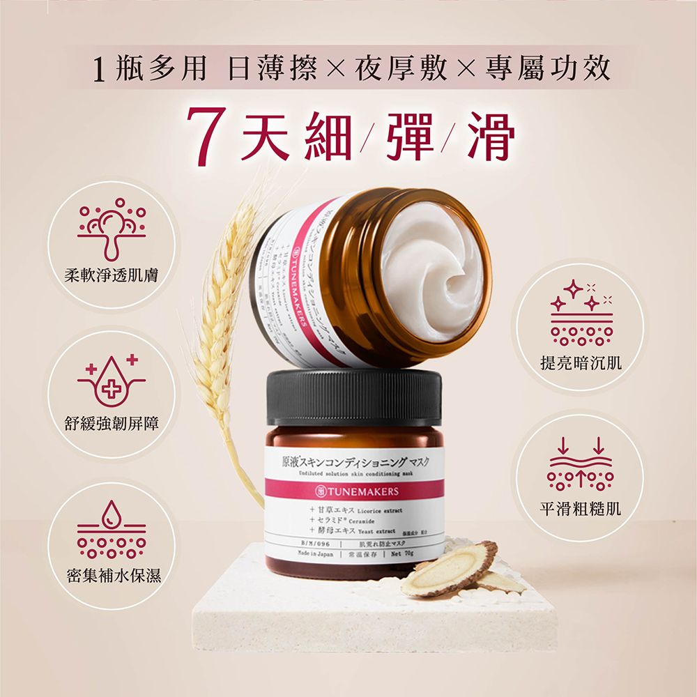 1瓶多用 日薄擦×夜厚敷專屬功效7天細/彈/滑柔軟淨透肌膚舒緩強韌屏障原液スキンコンディショニングマスク密集補水保濕提亮暗沉肌   TUNEMAKERSLicorice  + 酵母    //096 防止マスク  Japan  Net 平滑粗糙肌