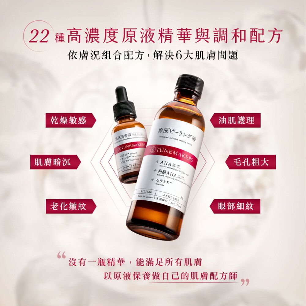 22 種高濃度原液精華與調和配方依膚況組合配方,解決6大肌膚問題乾燥敏感油肌護理美容液     原液ピーリング液TUNEMKERS肌膚暗沉TUNEMAKERS  A+発酵AHA  毛孔粗大050     ふき取り眼部細紋66沒有一瓶精華,能滿足所有肌膚以原液保養做自己的肌膚配方師