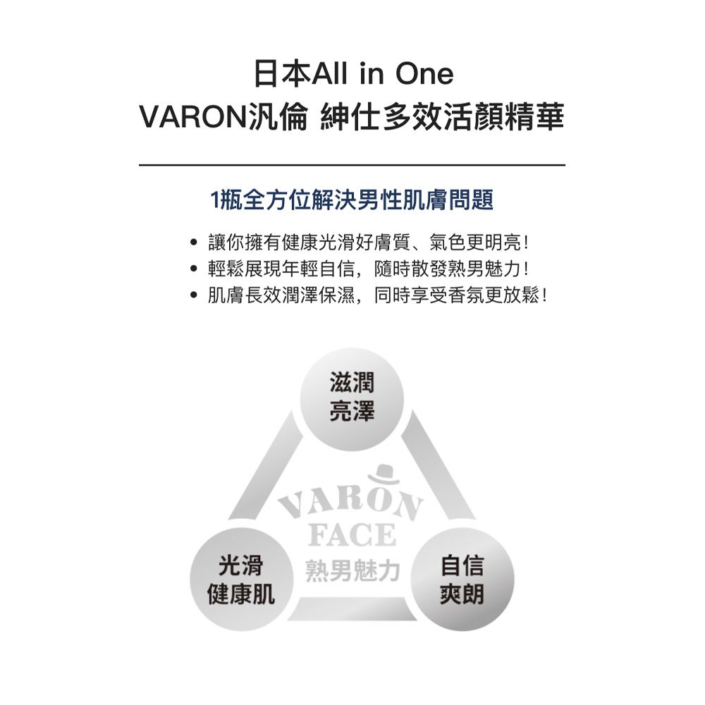 日本All in One汎倫 紳仕多效活精華1瓶全方位解決男性肌膚問題讓你擁有健康光滑好膚質、氣色更明亮!輕鬆展現年輕自信,隨時散發熟男魅力!肌膚長效潤澤保濕,同時享受香氛更放鬆!滋潤亮澤VARONFACE光滑健康肌熟男魅力自信