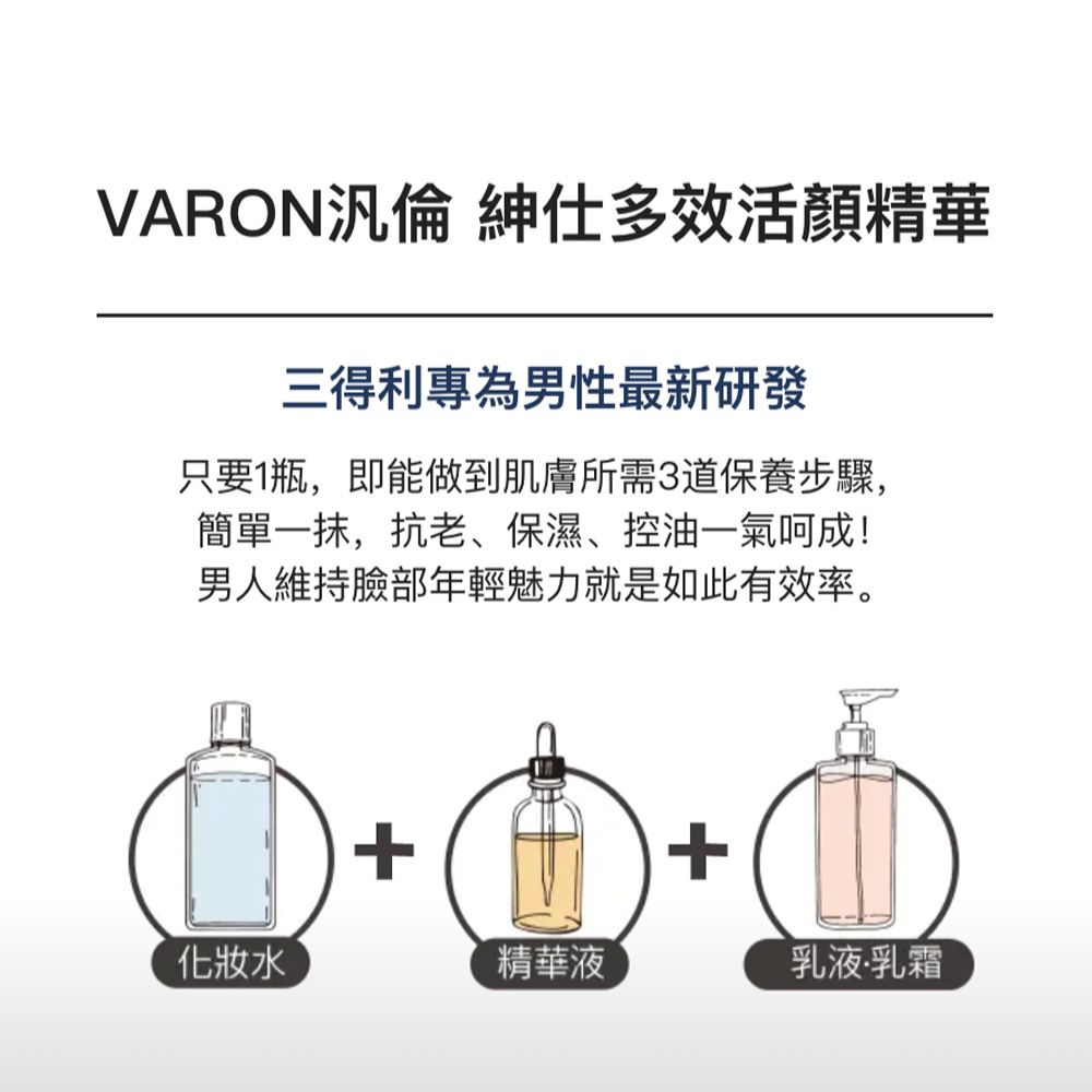 VARON汎倫 紳仕多效活精華三得利專為男性最新研發只要1瓶,即能做到肌膚所需3道保養步驟,簡單一抹,抗老、保濕、控油一氣呵成!男人維持臉部年輕魅力就是如此有效率。+化妝水精華液乳液乳霜