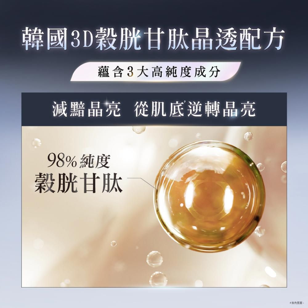 韓國3D穀胱甘肽晶透配方蘊含3大高純度成分減黯晶亮 從肌底逆轉晶亮98%純度穀胱甘肽