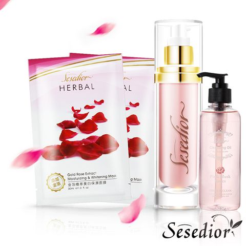 【Sesedior】金箔玫瑰美白保濕面膜20片+玫瑰嫩白保濕精質乳x1+麝香玫瑰香氛潔顏油x1