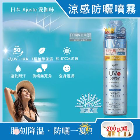 日本Ajuste愛伽絲-全身用防近紅外線SPF50+/PA++++植萃保濕-8℃冰涼感防曬噴霧-皂香(藍)200g/罐(大容量防UVA UVB,夏天戶外速乾耐汗,定妝控油隔離霜)