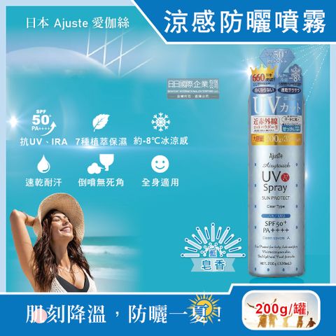 Ajuste 愛伽絲 日本-全身用防近紅外線SPF50+/PA++++植萃保濕-8冰涼感防曬噴霧-皂香(藍)200g/罐(大容量防UVA UVB,夏天戶外速乾耐汗,定妝控油隔離霜)