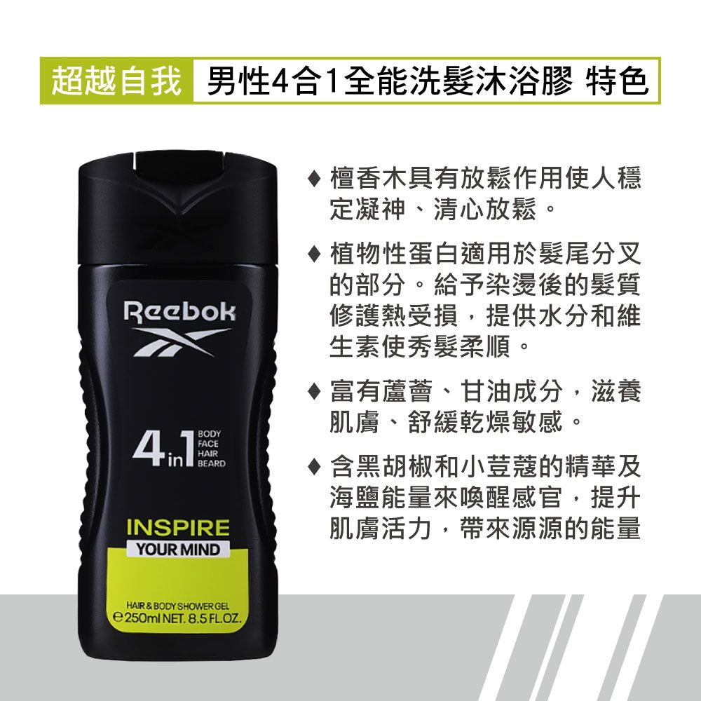 Reebok 超越自我男性4合1全能洗髮沐浴膠 250ml (INSPIRE)