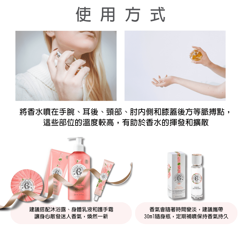 使用方式將香水噴在手腕、耳後、頸部、肘內側和膝蓋後方等脈搏點,這些部位的溫度較高,有助於香水的揮發和擴散建議搭配沐浴露、身體乳液和護手霜讓身心散發迷人香氣,煥然一新香氣會隨著時間變淡,建議攜帶30ml隨身瓶,定期補噴保持香氣持久