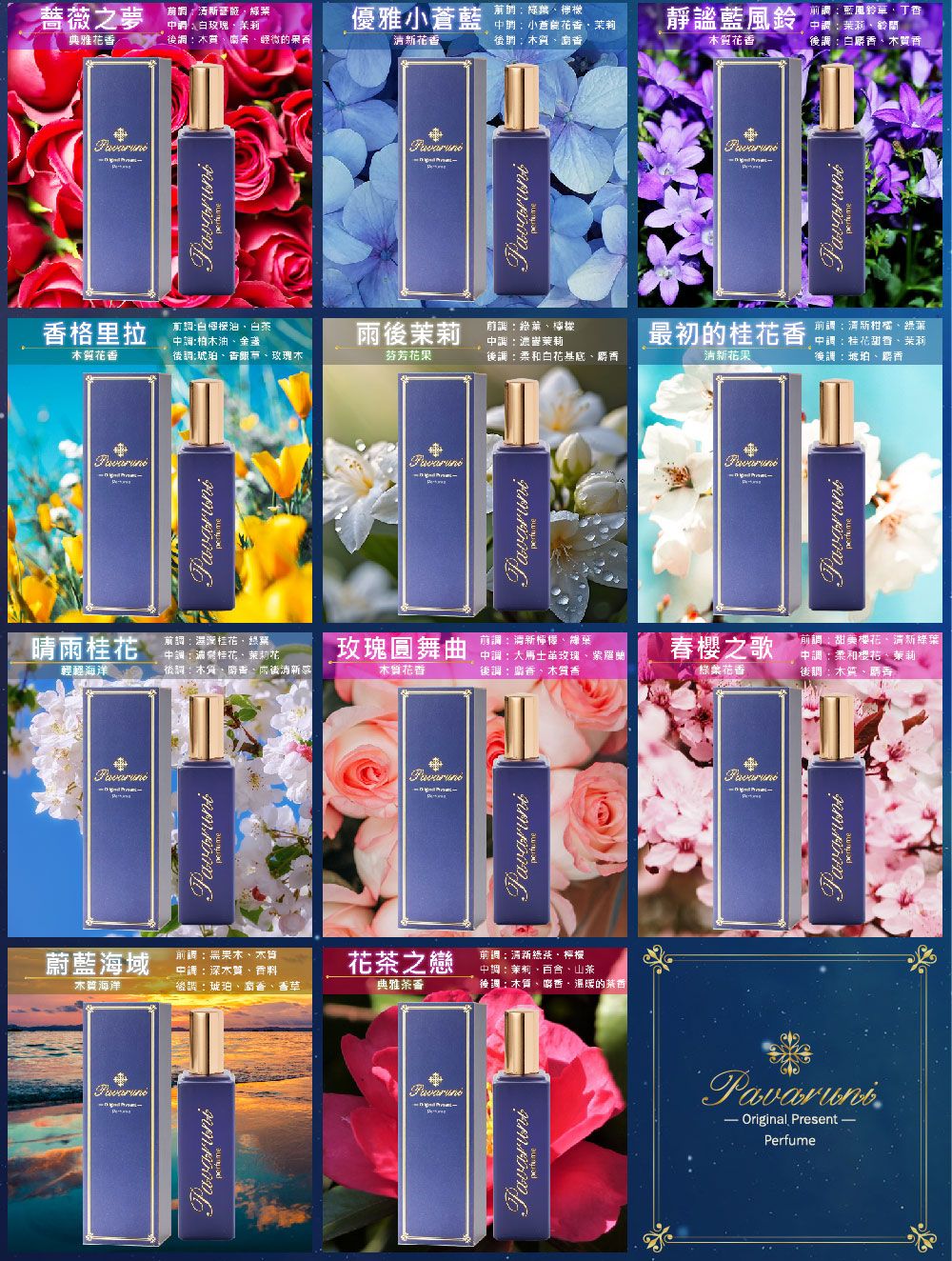 晴雨桂花輕輕海洋蔚藍海域海洋薔薇之玫瑰優雅小蒼藍前檸典雅花後輕微的果小蒼花後質藍風鈴花香前:藍風鈴丁香:茉莉鈴蘭後:香質香香格里拉前:白白茶:柏木油金盞茉莉木花香後:琥珀香草玫瑰木芬芳花果前:濕桂花終中:桂花後調:木雨後玫瑰圓舞曲 花香前調:、木質中調:深、香料花茶之戀後調:琥珀、香、香草典雅Pavaruni前調:、檸檬中調:濃茉莉後調:柔和白花基底、前調:檸檬、葉中調:大士革玫瑰、紫羅蘭後調:、木質香前調、檸檬中調:茉莉、、山茶:木質、麝香、溫暖的茶香Pavaruni最初的桂花香清新花果PavaruniPavaruniPavaruni前調:清新、綠葉中調:桂花、茉莉後調:琥珀、香春之歌前調:甜美櫻花、清新綠葉中調:柔和櫻花、茉莉綠花香後調:木質、馬香Pavaruni Original PresentPerfumePavaruni