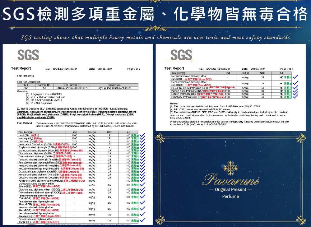 SGS檢測多項重金屬、化學物皆無毒合格SGS tetg shos that multiple heavy metals  chemicals ae nonxic and meet safety standardsSGS Report Results CAN45670      7     yellow  SGS Report CANEC40635701   Page 3 of 7Date  024A1NonaDE   DacaBDEDecaBDE2             1000505050SN11 1   2    3     MDL4 Not      amendg Annex   Directive 2011 Lead Mercury  chromium Polybrominated s     2  phthalate DEHP Butyl  phthalate  Dibutyl phthalate DBPand  phthalate Test Method      EC and EC 62321122023  was permed by ICP  and GCMSTest Lead Pb  1 The        Directive EU     to   3 The restriction of DEHP   and  shall apply to    in  medicaldevices and  and  ,  incustrial  and  from 22 Juy 2021 otherwe stated, the   for  reporting is based on  Statement for  Rule w0  in A1100021000 rCd2Hexavalent  )))) 1000  )P)1000BND  ))  )ND)ND  )()25ND  ()(TetraBB)  ( BB)(Penta BB)25ND25ND l ()()25ND  (: (Hepta BB25ND bipheny )() biphenyl () () biphenyl (DecaBB)(NonaBB)25ND25ND25ND  ethers () PBDE)   etherND) (MonoBDE)25ND   ether () ()25ND 出  ether ((25ND 出  etherTotraBDE)二苯(TetraBDE)kg25ND 驗出 l etherPenta3DE)-(PentaBDE)kg25ND 驗出Hexabrcminated dipheryl otherHexaBDE)二苯(HexaBDE)/kg25ND 驗出 diphenyl ether)(Hepta BDE)25 驗出 dipheny ether)(Octa BDE)mg251) 未驗出- Original PresentPerfume-