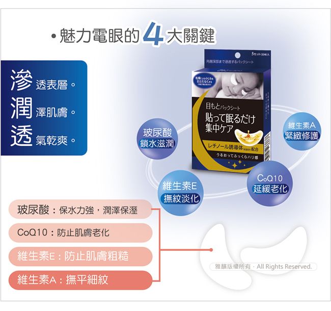 魅力電眼的4大關鍵バックシート滲透表層。目もとバックシート潤澤肌膚。貼って眠るだけ集中ケア玻尿酸透氣乾爽。鎖水滋潤 配合うるおってふっくらハリCoQ10維生素A緊緻修護維生素E延緩老化撫紋淡化玻尿酸:保水力強,潤澤CoQ10:防止肌膚老化維生素E:防止肌膚粗糙維生素A:撫平細紋雅版權所有All Rights Reserved.