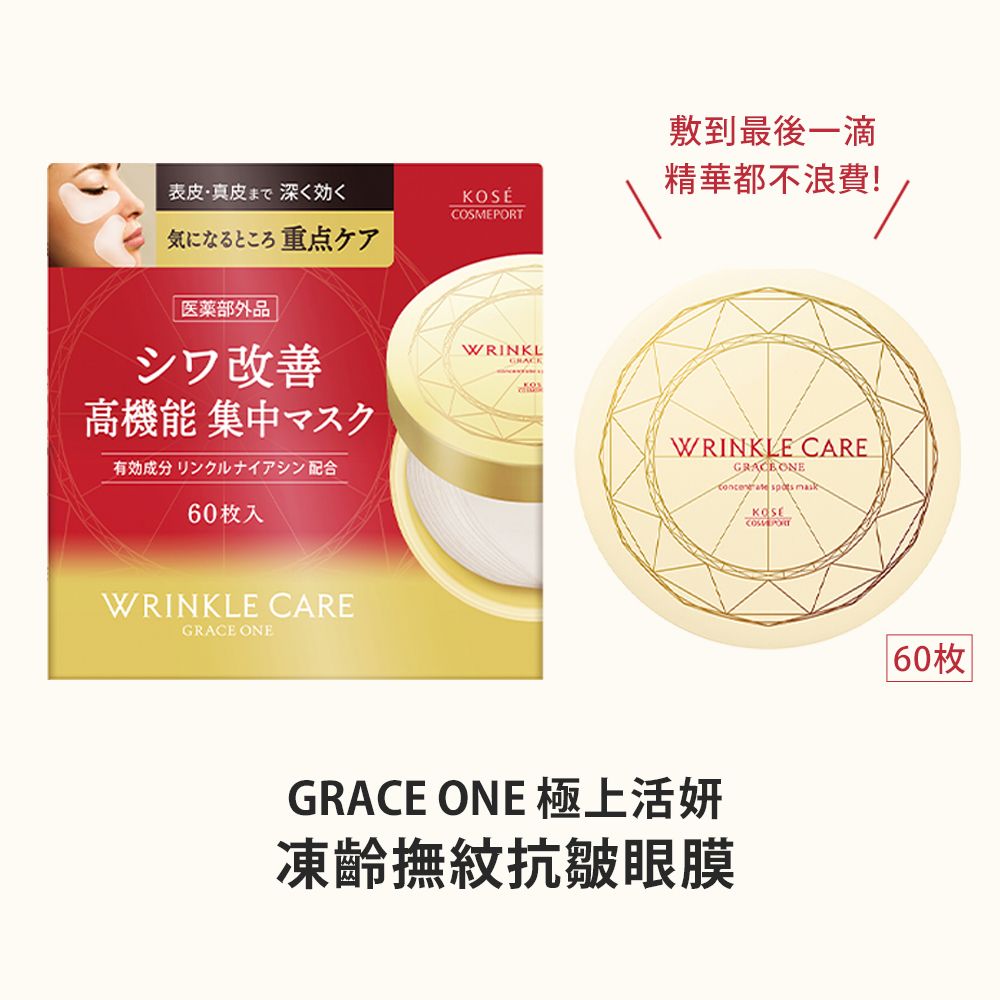 敷到最後一滴表皮・真皮まで深く効く精華都不浪費!COSMEPORT気になるところ 重点ケア医薬部外品シワ改善高機能 集中マスク有効成分 リンクルナイアシン配合60枚入WRINKLE CAREGRACE ONEWRINKLWRINKLE CARE  KOSEGRACE ONE 極上活妍凍撫紋抗皺眼膜60枚