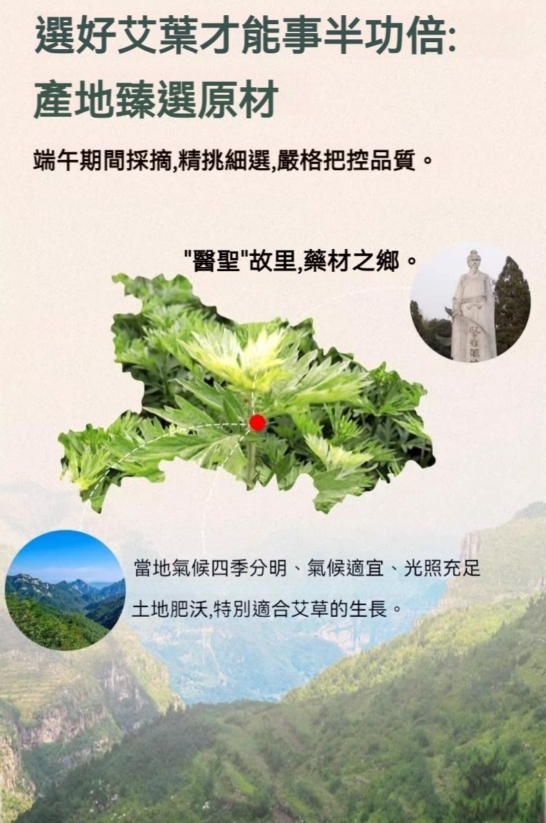 選好艾葉才能事半功倍:產地臻選原材端午期間採摘,精挑細選,嚴格把控品質。醫聖故里,藥材之鄉。當地氣候四季分明、氣候適宜、光照充足土地肥沃,特別適合艾草的生長。