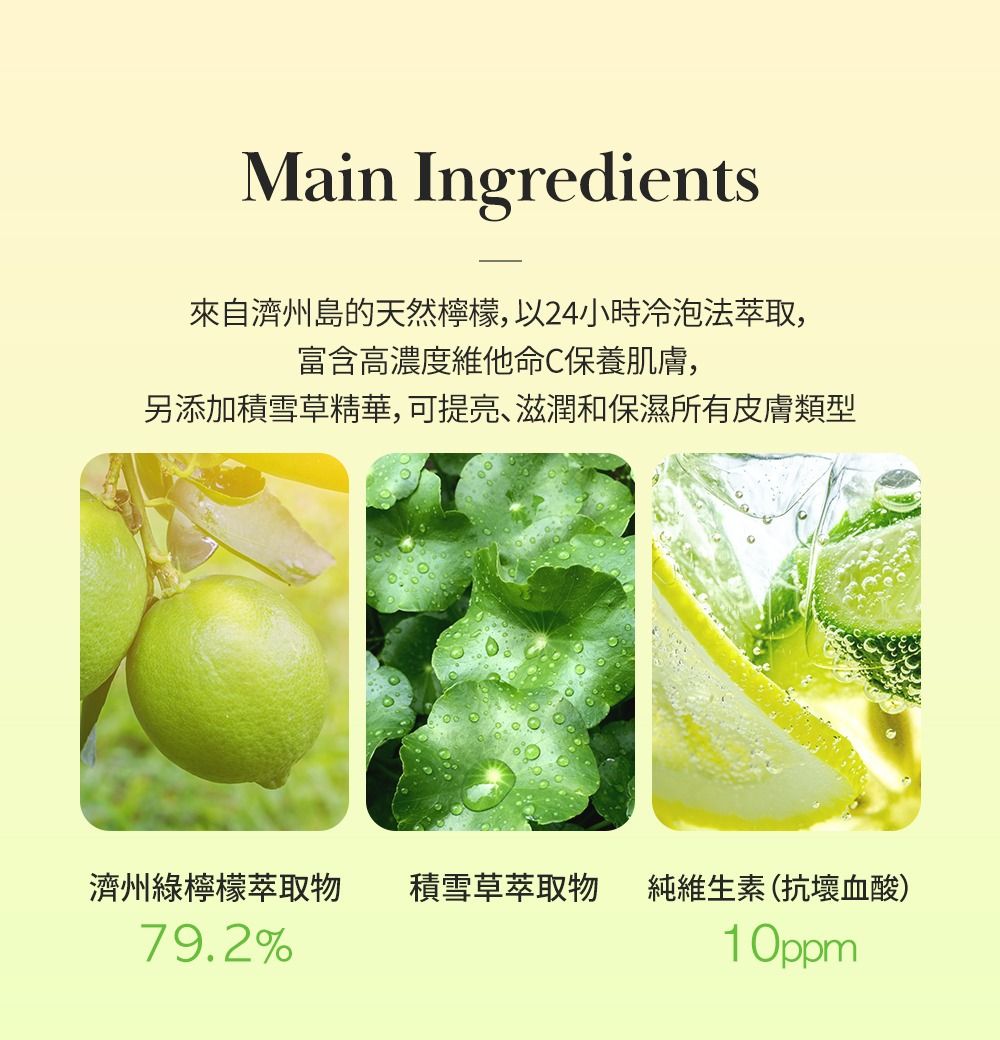 Main Ingredients來自濟州島的天然檸檬,以24小時冷泡法萃取,富含高濃度維他命C保養肌膚,另添加積雪草精華,可提亮、滋潤和保濕所有皮膚類型濟州綠檸檬萃取物積雪草萃取物純維生素(抗壞血酸)79.2%10ppm