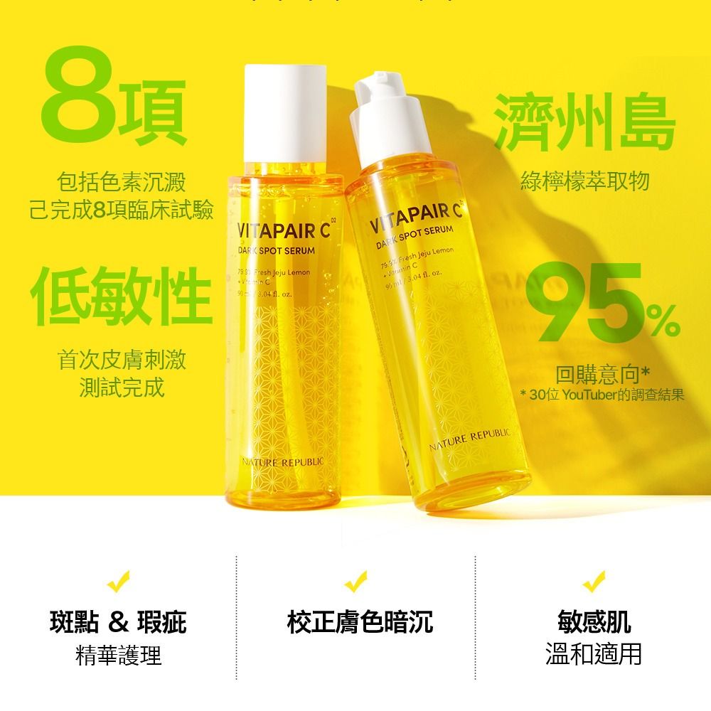 8項包括色素沉澱己完成8項臨床試驗VITAPAIR DARK SPOT SERUMVITAPAIR DARK SPOT SERUM  Jeju Lemon C濟州島綠檸檬萃取物低敏性 Fresh Jeju Lemon C 304  . 3.04 . oz.首次皮膚刺激測試完成NATURE REPUBLICNATURE REPUBLIC斑點&瑕疵校正膚色暗沉精華護理95%回購意向* 30位YouTuber的調查結果敏感肌溫和適用