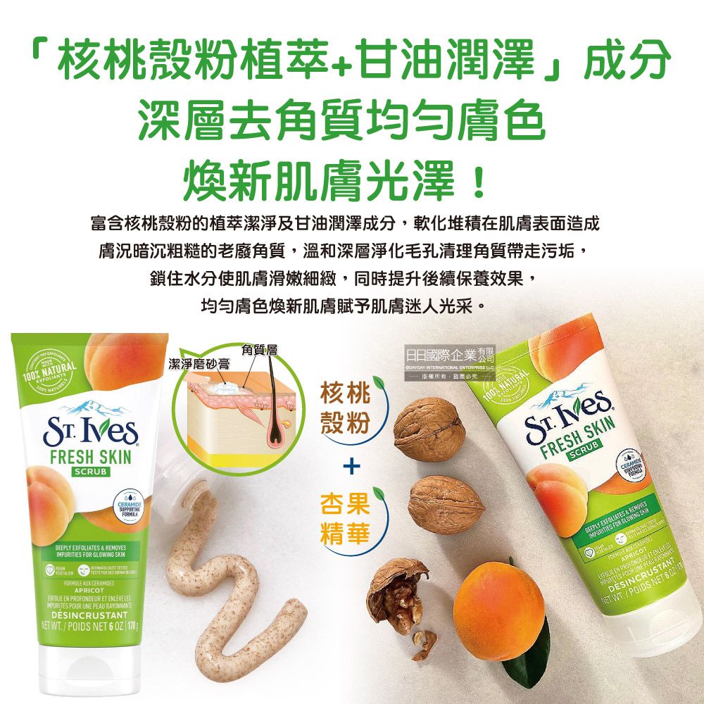 St.Ives 美國聖艾芙-臉部身體去角質經典植萃磨砂膏-綠底杏桃170g/條(沐浴SPA溫和護膚霜,身體清潔保養潤澤霜)