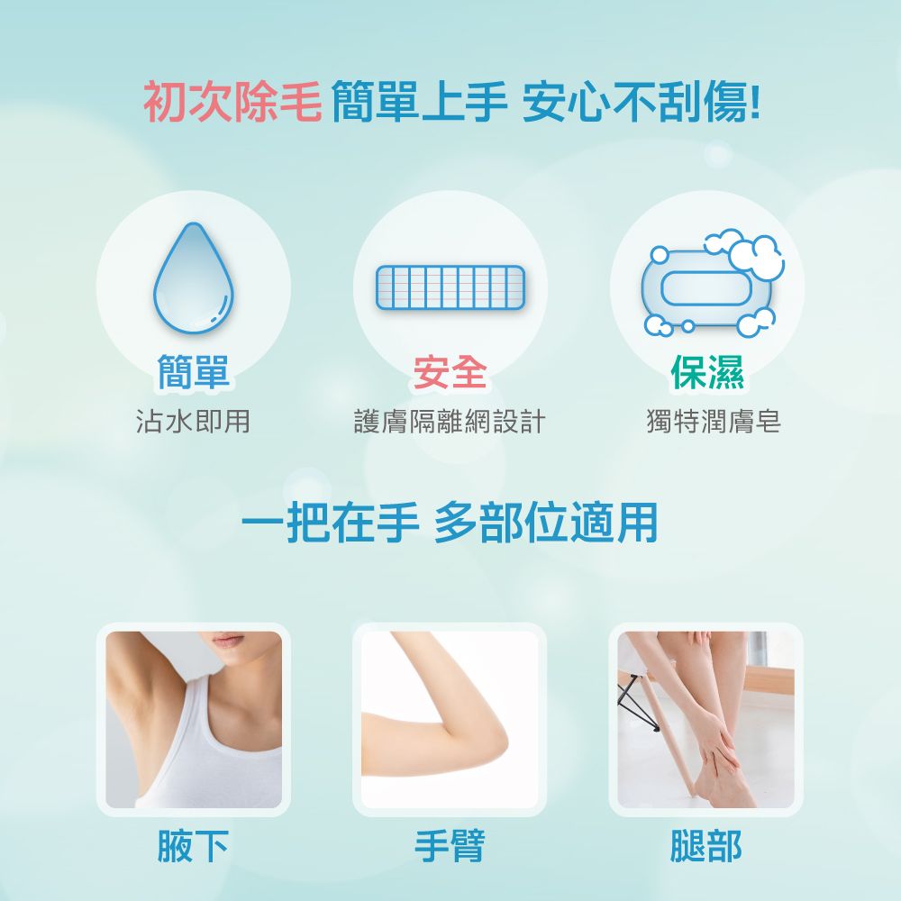 初次除毛簡單上手 安心不刮傷!簡單安全保濕沾水即用護膚隔離網設計獨特潤膚皂一把在手 多部位適用腋下手臂腿部