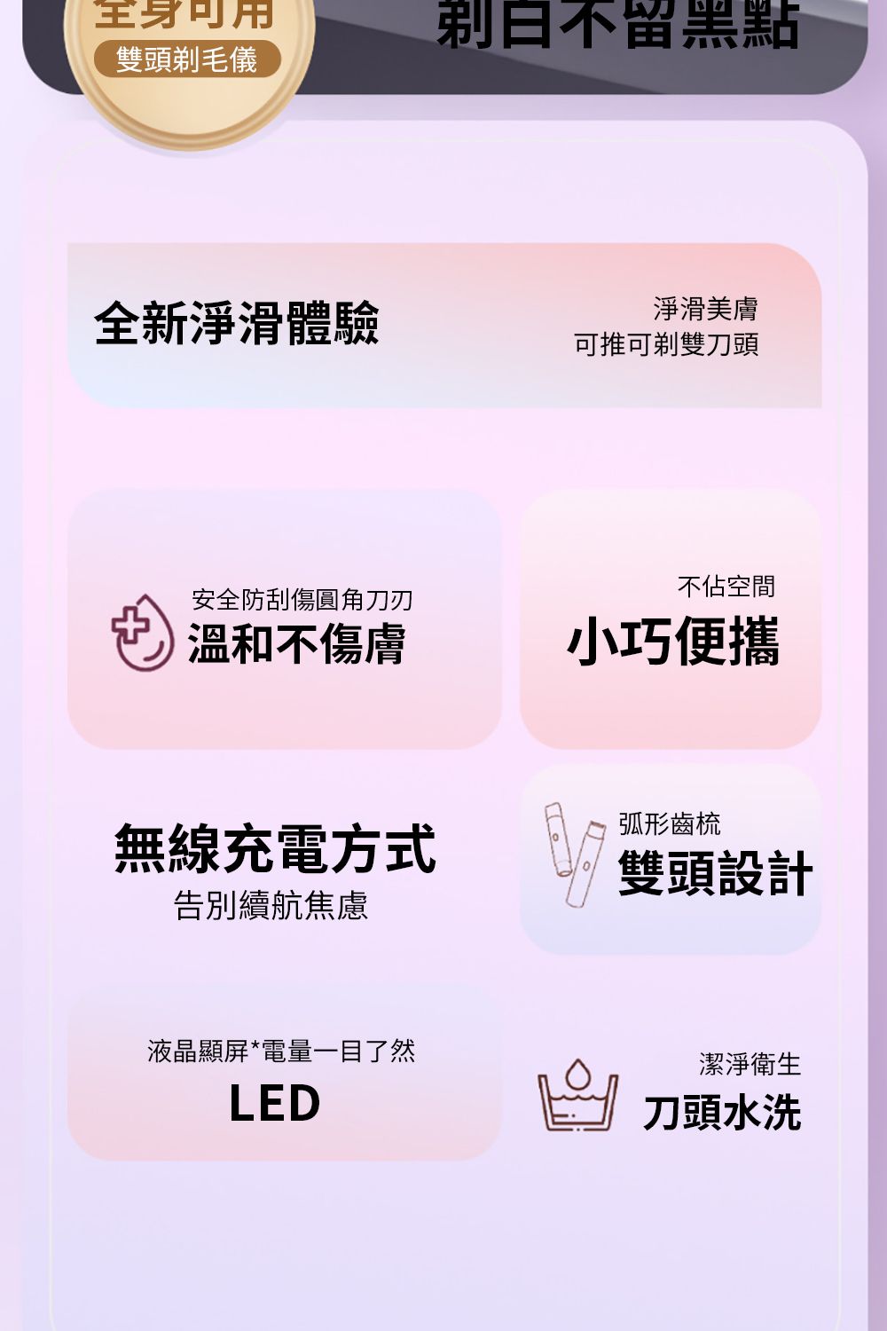 雙頭毛儀剃不留黑點全新淨體驗淨滑美膚可推可剃雙刀頭安全防刮傷圓角刀刃和不傷膚不佔空間小巧便攜無線充電方式弧形齒梳告別續航焦慮雙頭設計液晶顯*電量一目了然LED潔淨衛生刀頭水洗