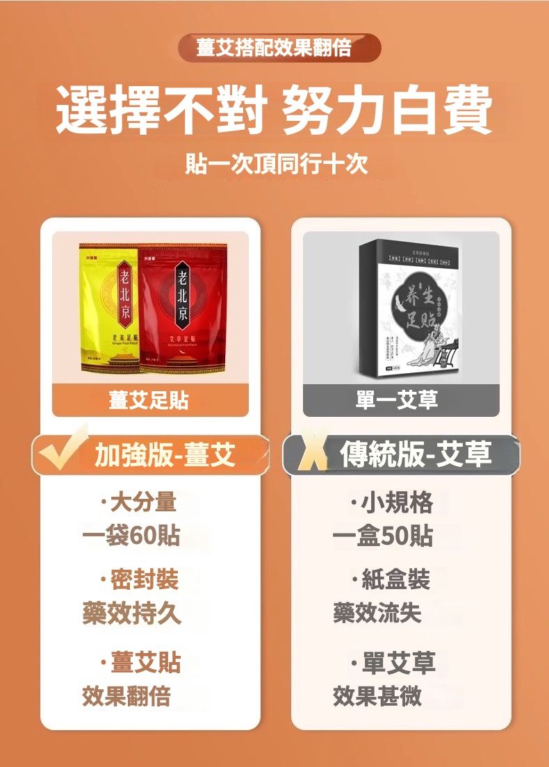 艾搭配效果翻倍選擇不對 努力白費貼一次頂同行十次老足艾草  养生足贴薑艾足貼加強版-薑艾大分量一袋60貼密封裝藥效持久薑艾貼效果翻倍單一艾草 傳統版-艾草·小規格一盒50貼·紙盒裝藥效流失·單艾草效果甚微
