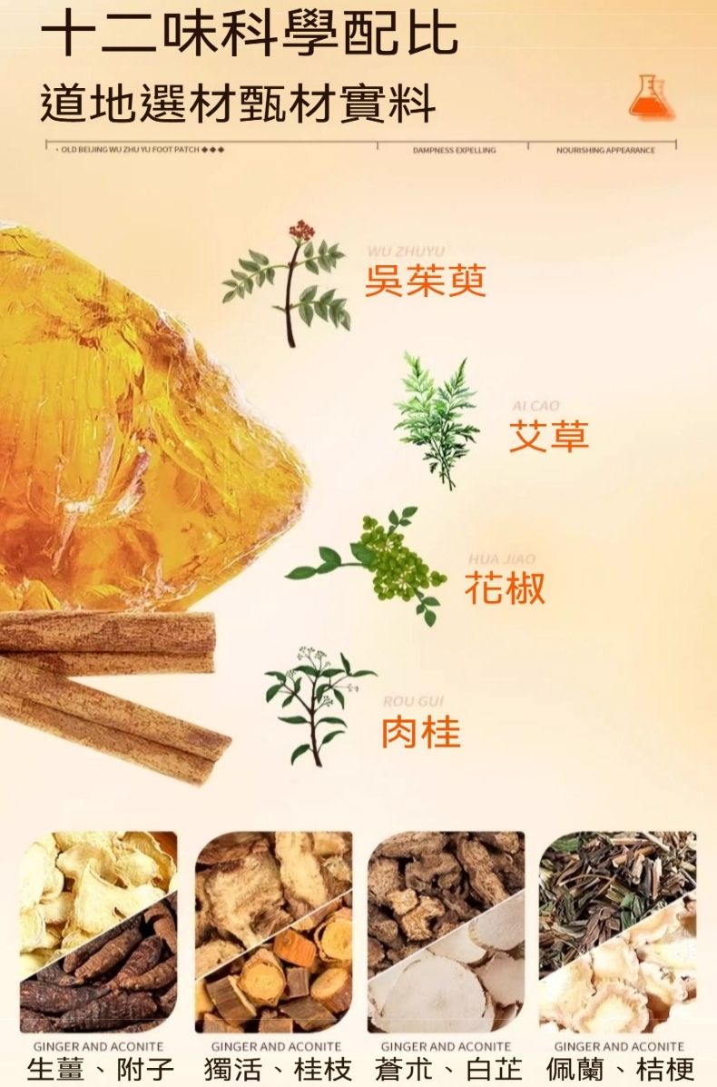 十二味科學配比道地選材甄材實料OLD   ZHU YU FOOT PATCHGINGER AND ACONITEGINGER AND ACONITEDAMPNESS EXPELLINGNOURISHING APPEARANCE ZHUYU吳茱萸ROU 肉桂 艾草花椒GINGER AND ACONITEGINGER AND ACONITE生薑附子獨活、桂枝 蒼朮、白芷、佩蘭、桔梗