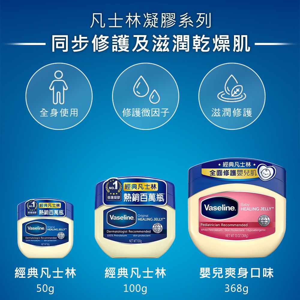 凡士林系列同步及滋潤乾燥肌全身使用修護微滋潤修護經典凡士林修護凝膠 熱銷百萬瓶OriginalVaseline HEALING JELLYDermatologist Recommended100%   經典凡士林修護凝膠 |熱銷百萬瓶|Vaseline OriginalHEALING JELLYDermatologist Recommended100% Petrolatumskin protectant WT 100g* 經典凡士林 *全面修護嬰兒肌BabyVaseline HEALING JELLYPediatrician RecommendedWhite Petrolatum Skin Protectant HypoallergenicNET WT 13 OZ(368g)NET 經典凡士林經典凡士林50g100g嬰兒爽身口味368g