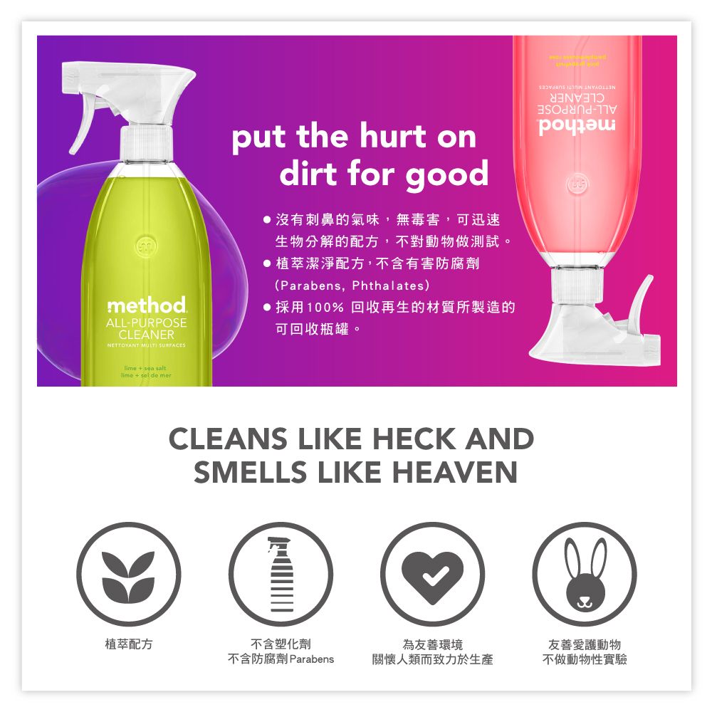 method.ALL-PURPOSECLEANERNETTOYANT  put the hurt ondirt for good沒有刺鼻的氣味,無毒害,可迅速生物分解的配方,不對動物做測試。 植萃潔淨配方,不含有害防腐劑(Parabens,Phthalates)●採用100%回收再生的材質所製造的可回收瓶罐。ime  sea salt + sel de merCLEANS LIKE HECK ANDSMELLS LIKE HEAVEN植萃配方不含塑化劑不含防腐劑 Parabens為友善環境關懷人類而致力於生產友善愛護動物不做動物性實驗