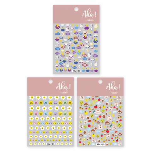 【Aha!】兒童指甲貼彩繪組 兔子雲栗子松鼠笑臉花朵+護甲油 (3張+ZOO #510 3.5ml)