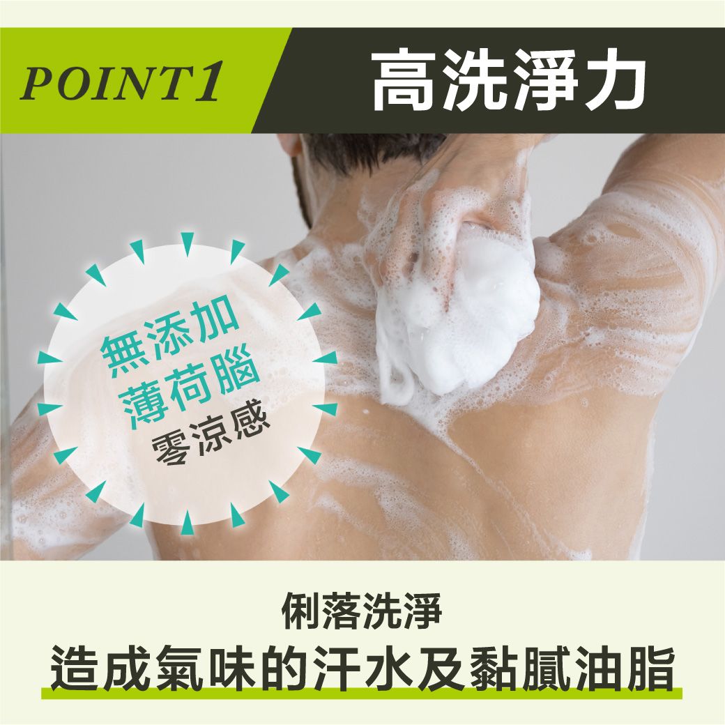 POINT1高洗淨力無添加薄荷腦零涼感俐落洗淨造成氣味的汗水及黏膩油脂