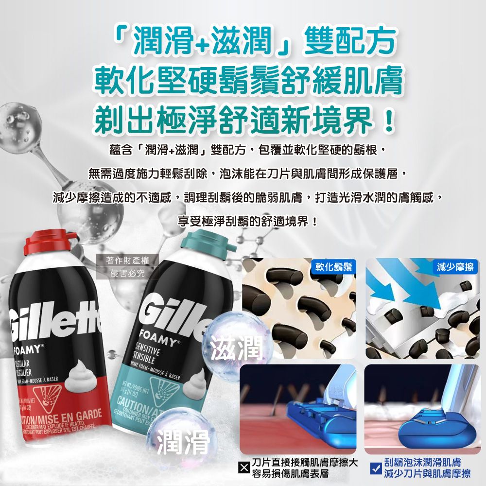 Gillette 吉列 美國FOAMY經典男士極淨滑順溫和滋潤刮鬍泡(2款可選)311g/瓶(臉部剃鬚膏,男性潔顏舒適綿密修鬍劑)