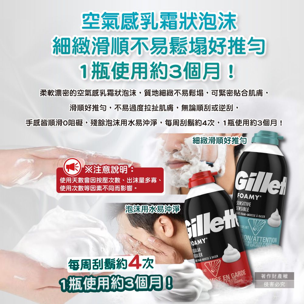Gillette 吉列 美國FOAMY經典男士極淨滑順溫和滋潤刮鬍泡(2款可選)311g/瓶(臉部剃鬚膏,男性潔顏舒適綿密修鬍劑)