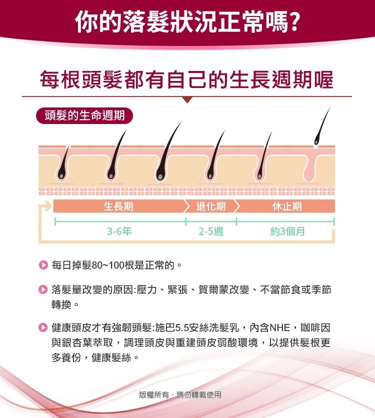 你的落狀況正常嗎?每根頭髮都有自己的生長週期喔頭髮的生命週期生長期退化期休止期2-5週約3個月3-6年 每日掉髮80~100根是正常的。 落髮量改變的原因:壓力、緊張、賀爾蒙改變、不當節食或季節轉換。健康頭皮才有強韌頭髮:施巴5.5安絲洗髮乳,內含NHE,咖啡因與銀杏葉萃取,調理頭皮與重建頭皮弱酸環境,以提供髮根更多養份,健康髮絲。版權所有,請勿轉載使用