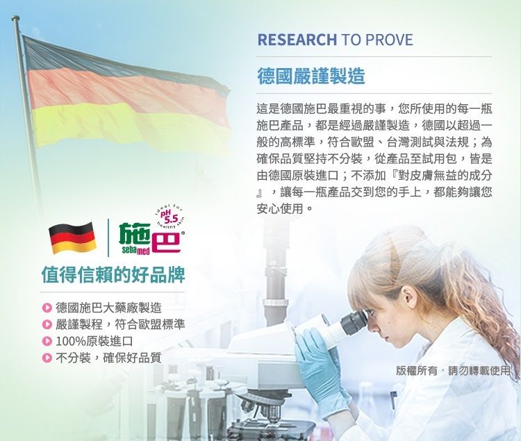 5.5施巴sebamed值得信賴的好品牌德國施巴大藥廠製造 嚴謹製程符合歐盟標準100%原裝進口不分裝,確保好品質RESEARCH TO PROVE德國嚴謹製造這是德國施巴最重視的事,您所使用的每一瓶施巴產品,都是經過嚴謹製造,德國以超過一般的高標準,符合歐盟、台灣測試與法規;為確保品質堅持不分裝,從產品至試用包,皆是由德國原裝進口;不添加『對皮膚無益的成分』,讓每一瓶產品交到您的手上,都能夠讓您安心使用。版權所有,請勿轉載使用,