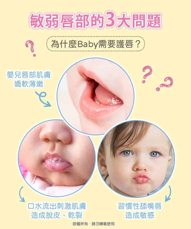 敏弱唇部的3大問題為什麼Baby需要護唇?嬰兒唇部肌膚嬌軟薄嫩口水流出刺激肌膚造成脫皮、乾裂習慣性舔嘴唇造成敏感版權所有,請勿轉載使用