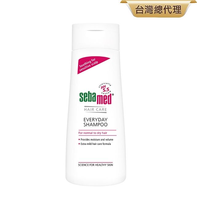 Soothing forsensitive scalp5.5sebamedHAIR CAREEVERYDAYSHAMPOOFor normal to dry hairProvides moisture and volumeExtra-mild hair care formulaSCIENCE FOR HEALTHY SKIN台灣總代理