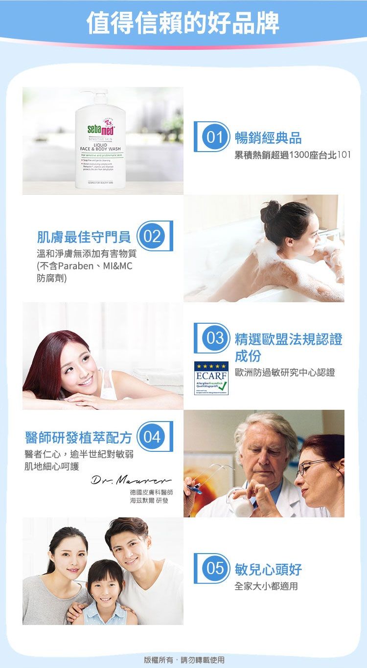 值得信賴的好品牌sebamed FACE & BODY WASH   暢銷經典品累積熱銷超過1300座台北肌膚最佳守門員02溫和淨膚無添加有害物質(不含Paraben&MC防腐劑)醫師研發植萃配方04醫者仁心,逾半世紀對敏弱肌地細心呵護 德國皮膚科醫師海茲默爾 研發 精選歐盟法規認證成份 歐洲防過敏研究中心認證ECARF 敏兒心頭好全家大小都適用版權所有,請勿轉載使用