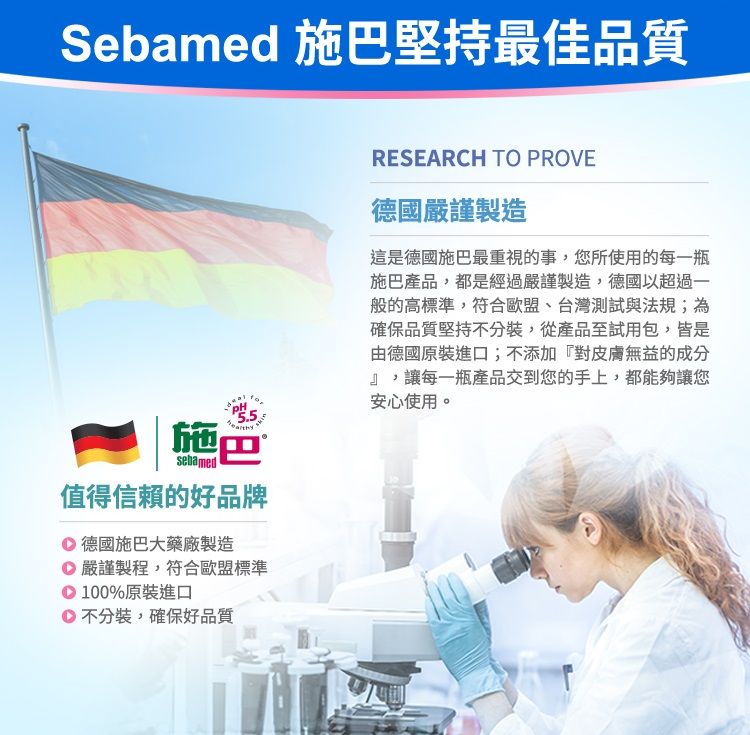 Sebamed 施巴堅持最佳品質施巴sebamed值得信賴的好品牌 德國施巴大藥廠製造 嚴謹製程,符合歐盟標準100%原裝進口不分裝,確保好品質RESEARCH TO PROVE德國嚴謹製造這是德國施巴最重視的事,您所使用的每一瓶施巴產品,都是經過嚴謹製造,德國以超過一般的高標準,符合歐盟、台灣測試與法規;為確保品質堅持不分裝,從產品至試用包,皆是由德國原裝進口;不添加『對皮膚無益的成分』,讓每一瓶產品交到您的手上,都能夠讓您安心使用。