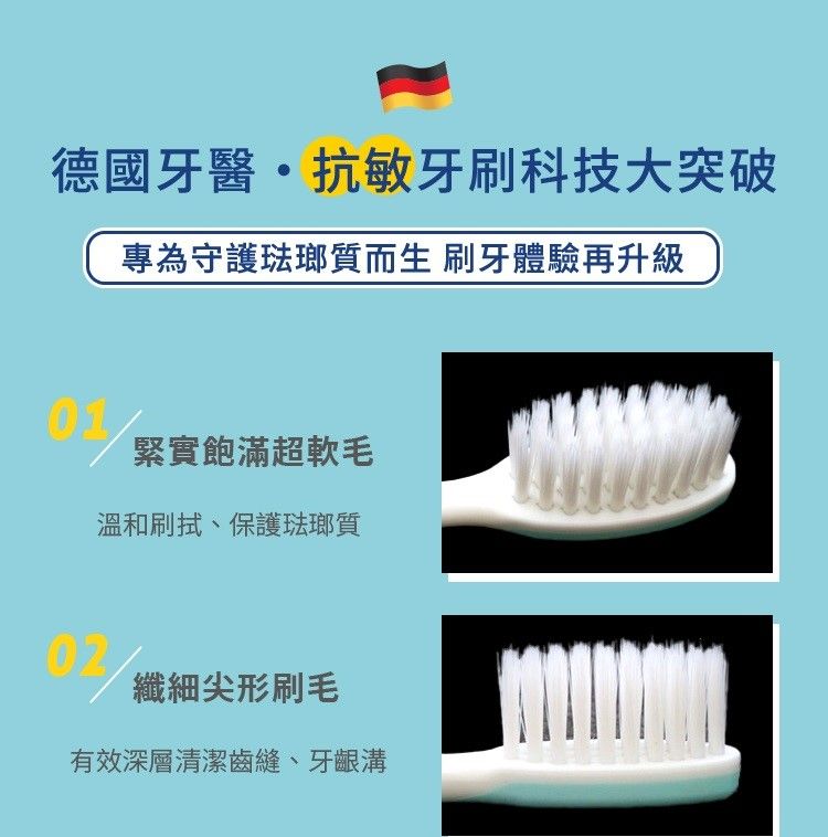 德國牙醫抗敏牙刷科技大突破專為守護琺瑯質而生 刷牙體驗再升級01緊實飽滿超軟毛溫和刷拭、保護琺瑯質02 尖形刷毛有效深層清潔齒縫、牙齦溝