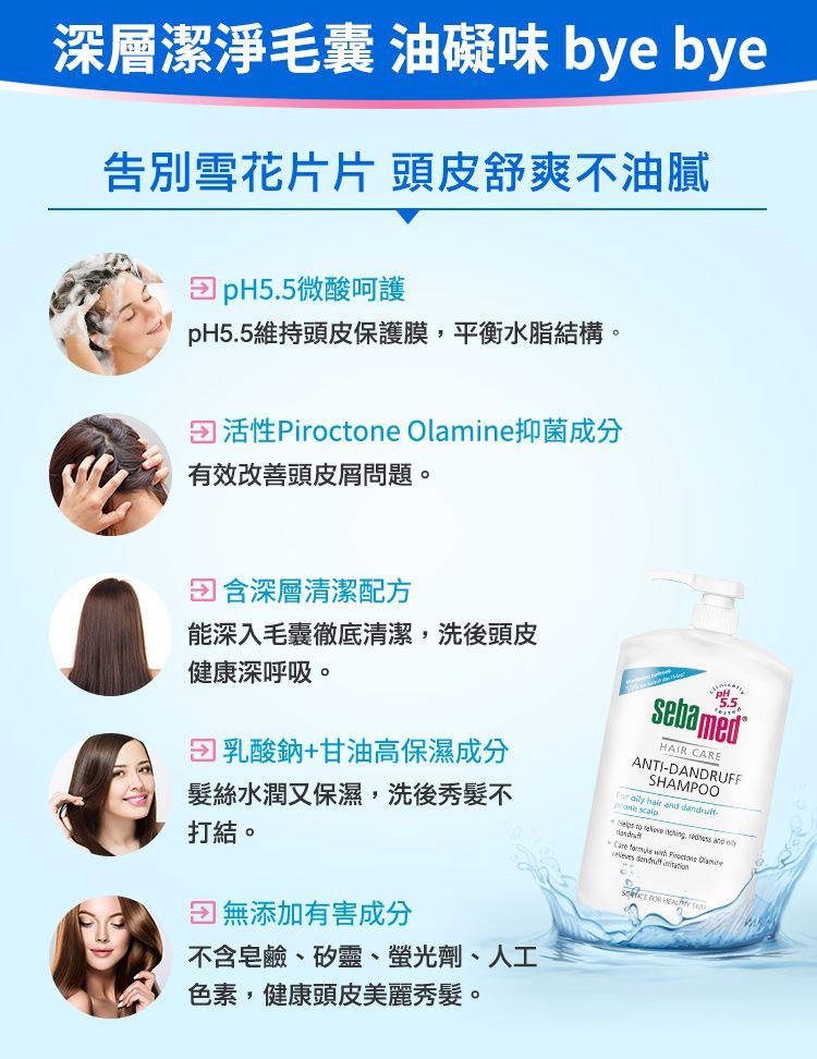 深層潔淨毛囊 油礙味 bye bye告別雪花片片 頭皮舒爽不油膩 pH5.5微酸呵護pH5.5維持頭皮保護膜平衡水脂結構。活性Pirocne lamine抑菌成分有效改善頭皮屑問題。 含深層清潔配方能深入毛囊徹底清潔,洗後頭皮健康深呼吸。 乳酸鈉+甘油高保濕成分髮絲水潤又保濕,洗後秀髮不打結。 無添加有害成分不含皂鹼、矽靈、螢光劑、人工色素,健康頭皮美麗秀髮。sebamedHAIR CAREANTI-DANDRUFFSHAMPOO  hair    to  ,  and Care  with   O