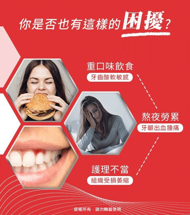 你是否也有這樣的困擾?重口味飲食牙齒酸軟敏感護理不當組織受損萎縮版權所有請勿轉載使用熬夜勞累牙齦出血腫痛