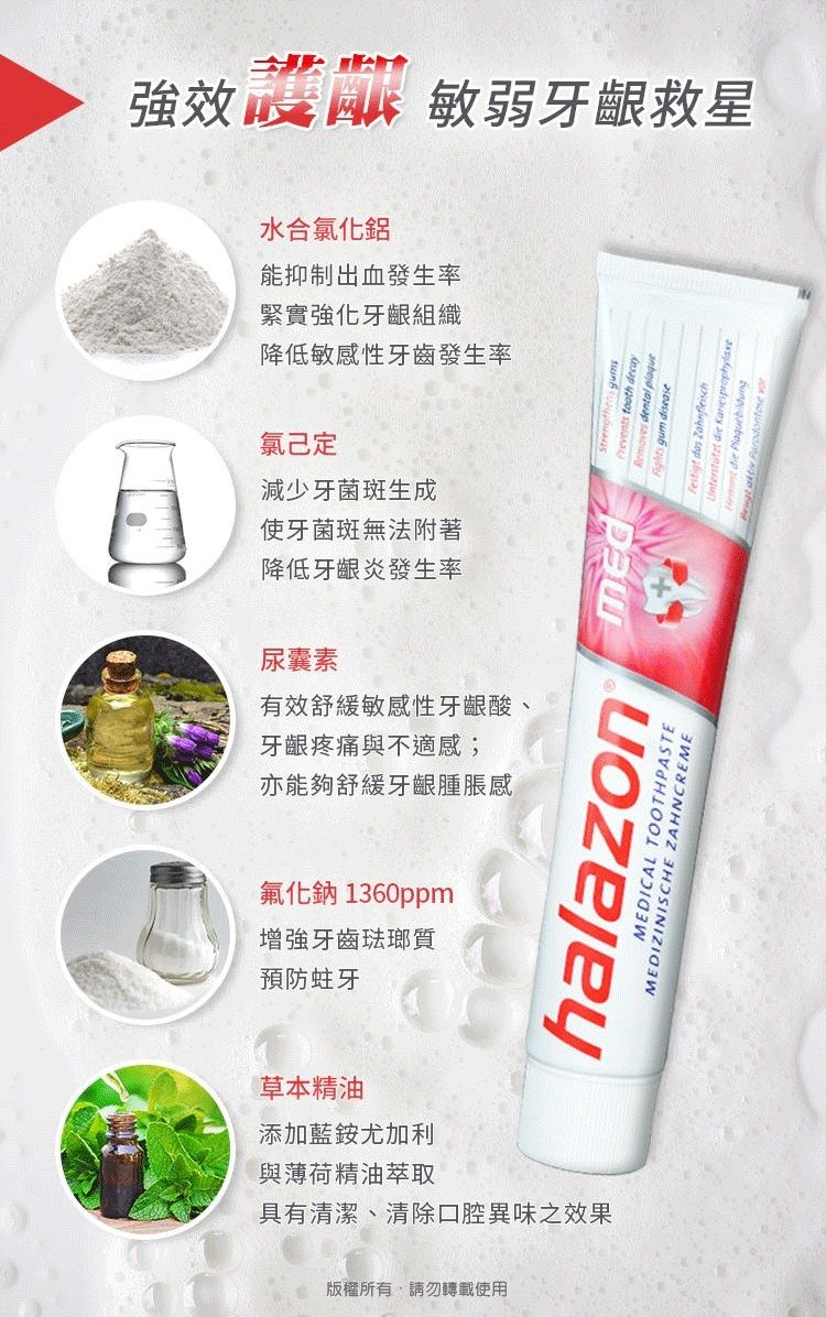 強效 敏弱牙齦救星水合氯化鋁降低敏感性牙齒發生率緊實強化牙齦組織能抑制出血發生率氯己定降低牙齦炎發生率使牙菌斑無法附著減少牙菌斑生成尿囊素亦能夠舒緩牙齦腫脹感牙齦疼痛與不適感;有效舒緩敏感性牙齦酸、預防蛀牙增強牙齒琺瑯質氟化鈉 1360ppmhalazonMEDICAL TOOTHASTEMEDIZINISCHE ZAHNCREME dental   diseaseFestigt     die   P草本精油與薄荷精油萃取添加藍銨尤加利具有清潔、清除口腔異味之效果版權所有請勿轉載使用