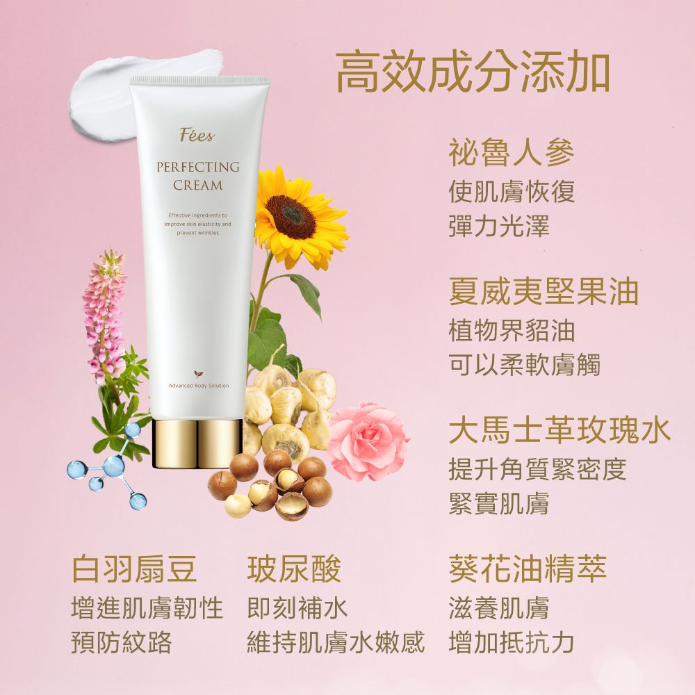 FéesPERFECTINGCREAMEffective ingredients toimprove  elasticity and Advanced Body 高效成分添加祕魯人參使肌膚恢復彈力光澤夏威夷堅果油植物界貂油可以柔軟膚觸大馬士革玫瑰水提升角質緊密度緊實肌膚白羽扇豆玻尿酸葵花油精萃增進肌膚韌性即刻補水滋養肌膚預防紋路維持肌膚水嫩感增加抵抗力
