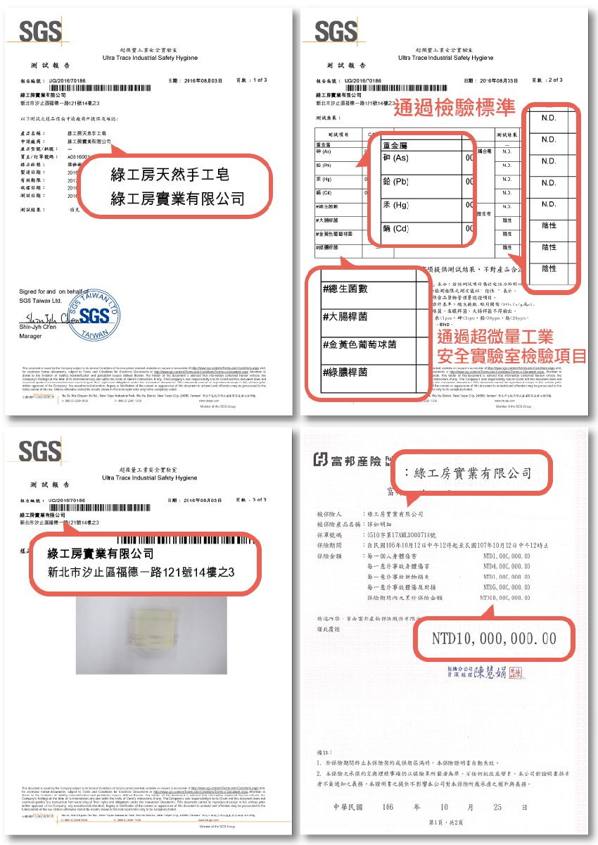 SSSGS超微    超微安全 Trace Industrial Safety HygieneG20670186月0 1 報告編號UG70186年08月23頁數公司新北市汐止121號143下測試仍申請府所限公司新北市汐止121號143通過檢驗標準測試ND品名稱測試結果ND申請廠商實業有限公司重金屬產及/ ./訂號碼 A05161N.D..製造日期2016房天然手工皂Pb).N.D.收據日期201測試日期:2016實業有限公司)數(Hg)00N.D..測試結果:請見陰(Cd)00金葡萄球陰#性提供測試結果不對產品合陰性#總生數Signed    SGS    SGSShJyh MaragerSGS  for         超微量安全實驗室Ultra Trace Industrial Safety Hygiene測試報告報告編號:/ #大腸桿菌#金黃色葡萄球菌#膿桿菌:日性之測定以 表示食品管理署認項目菌桿菌大腸桿菌不得檢出通過超微量工業|安全實驗室檢驗項目     :綠工房實業有限公司日期:2016年08月03日頁:綠工實業有限公司新北市汐止區一路121號14樓之3被人:工房實業有限公司被保險產品名稱如明細保單號碼:0510字第17AML0713號 綠工房實業有限公司保險保險金額新北市汐止區福德一路121號14樓之3每一   00每一意外事故體傷及財保險期間之   00 000 000 00內容,由產物保險有限僅此證NTD10, 000, 000.00:民國106年10月12日中午12起至民國107年10月12日中午12時止每一個人身體每一意外事故身體           in  d on             and    板橋分公司深備註:,保險期間終止保險契約保期屆滿時,保險自動失效。本保險之仍以保險單所菌者為準,有或。本公司對證明書者不通知之義務。本證明書之提供不影響本公司對本保險所應之與義務。中華民國106年 10月 25日第1頁,共2頁