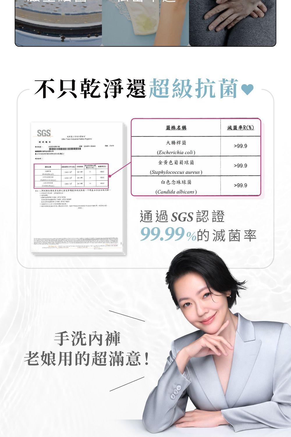 不只乾淨還超級抗菌 SGS有限公司    年   事項測試不對產品    10451   菌株名稱滅菌率(%)大腸桿菌99.9(Escherichia coli)金黃色葡萄球菌99.9(Staphylococcus aureus)白色念珠球菌99.9(Candida albicans)通過SGS認證99.99%的滅菌率手洗老娘用的超滿意!