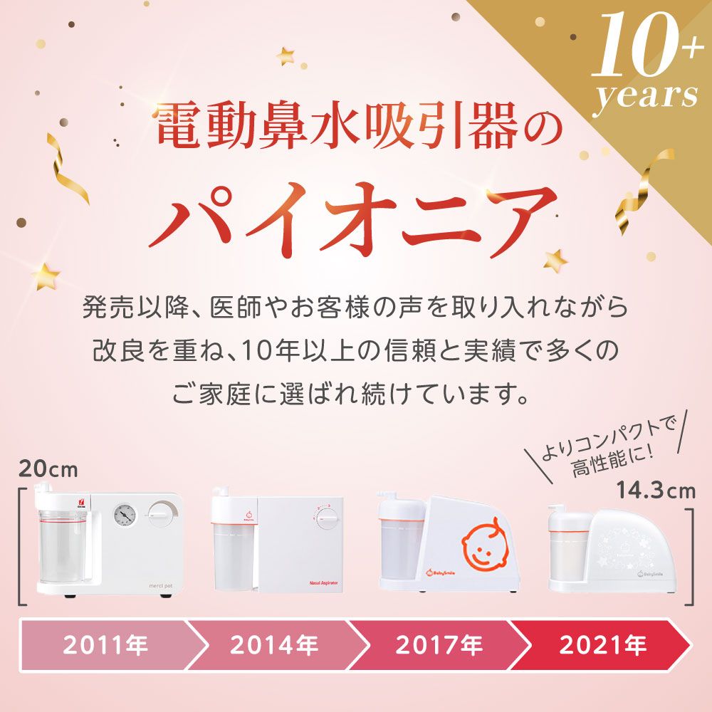 20cm電動鼻水吸引器のパイオニア10+years発売以降、医師やお客様の声を取り入れながら改良を重ね、10年以上の信頼と実績で多くのご家庭に選ばれ続けています。 Nasal よりコンパクトで高性能に!14.3cm2011年2014年2017年2021年